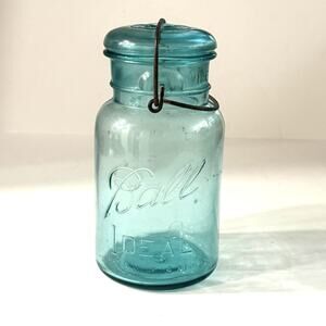Antique 1923-1933 Ball Ideal Jar with Lid Quart Blue Canning Jar w/ wire bail
